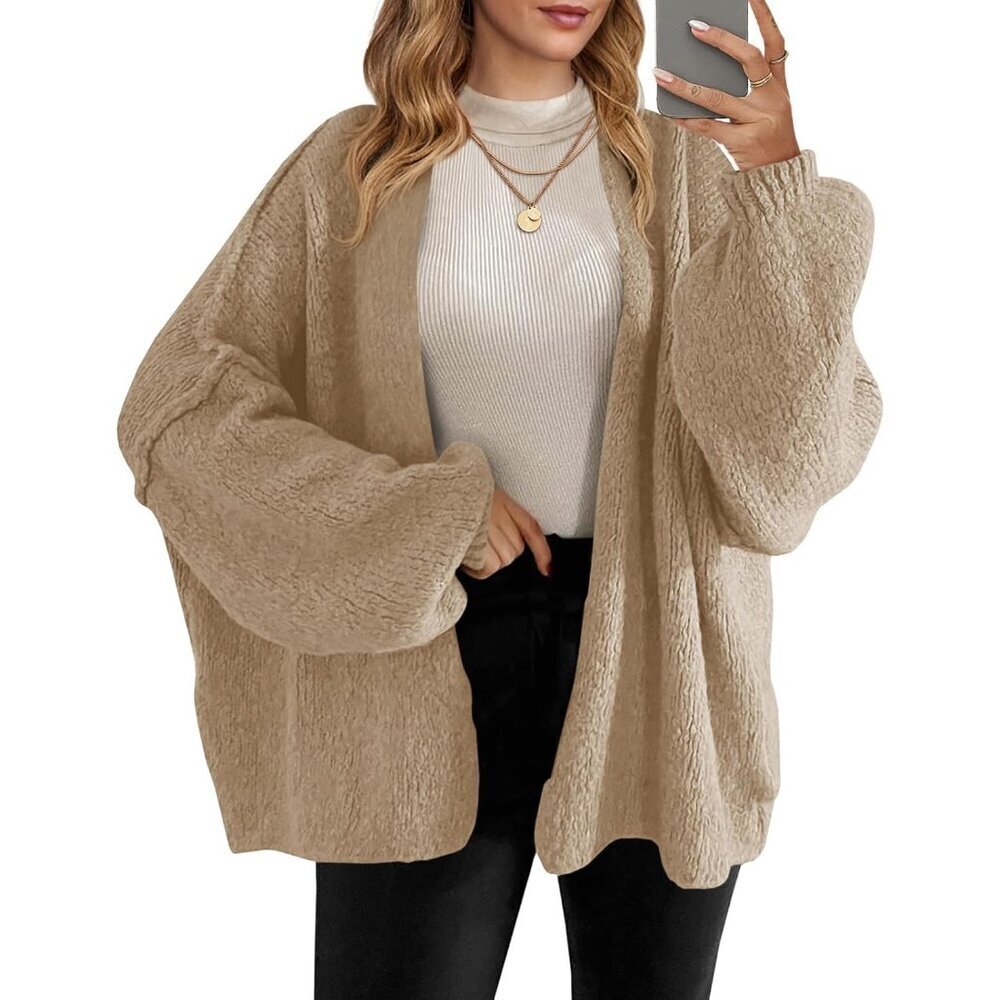 Womens Chunky Knit Oversized Cardigan Open Front Lantern Sleeve Fall Coat